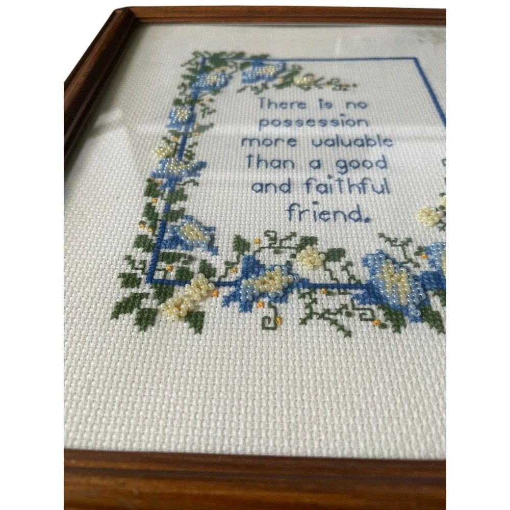 Vintage Framed‎ Beaded Cross Stitch Floral Friend Quote Cottagecore Decor